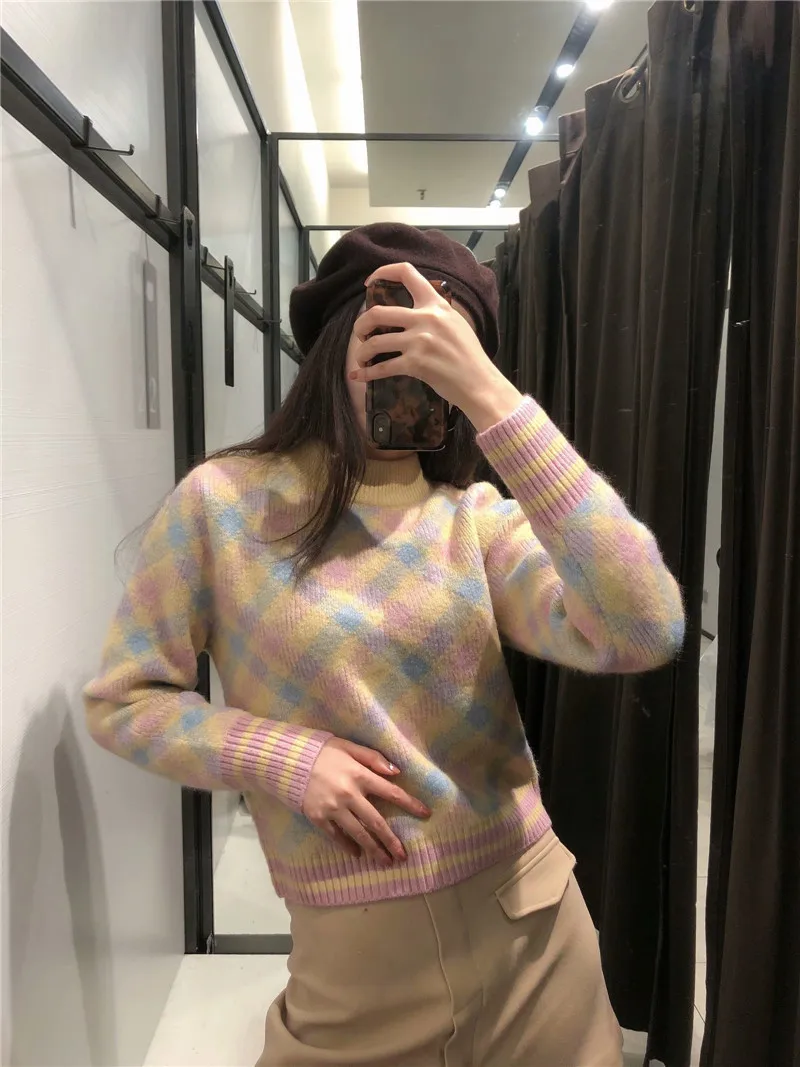 

Qeils Casual Women 2021 Winter Warm Fashion Plaid Knitted Sweater Vintage O neck Female long sleeve Pullovers Jumper Chic Tops