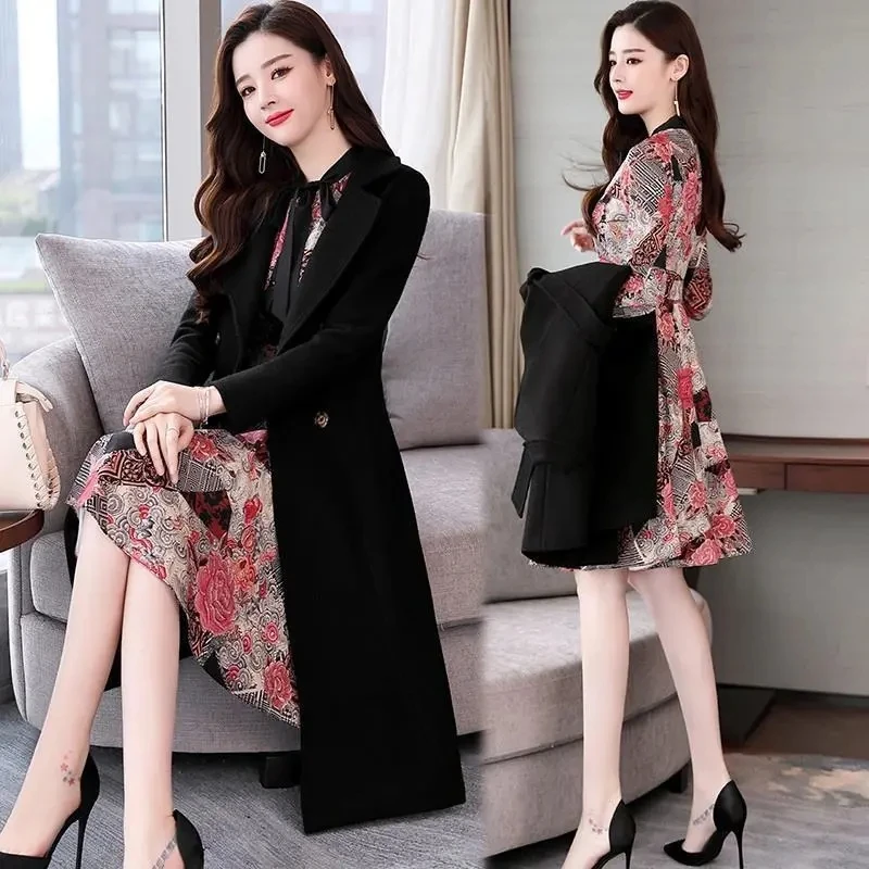 Элегантный шерстяной Тренч средней длины + платья с принтом женская одежда из 2