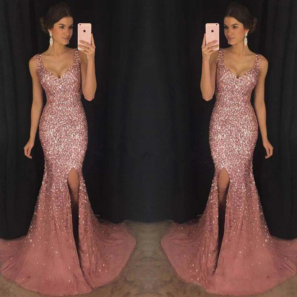 Розовое золотое с блестками труба Русалка вечерние платья женское элегантное на