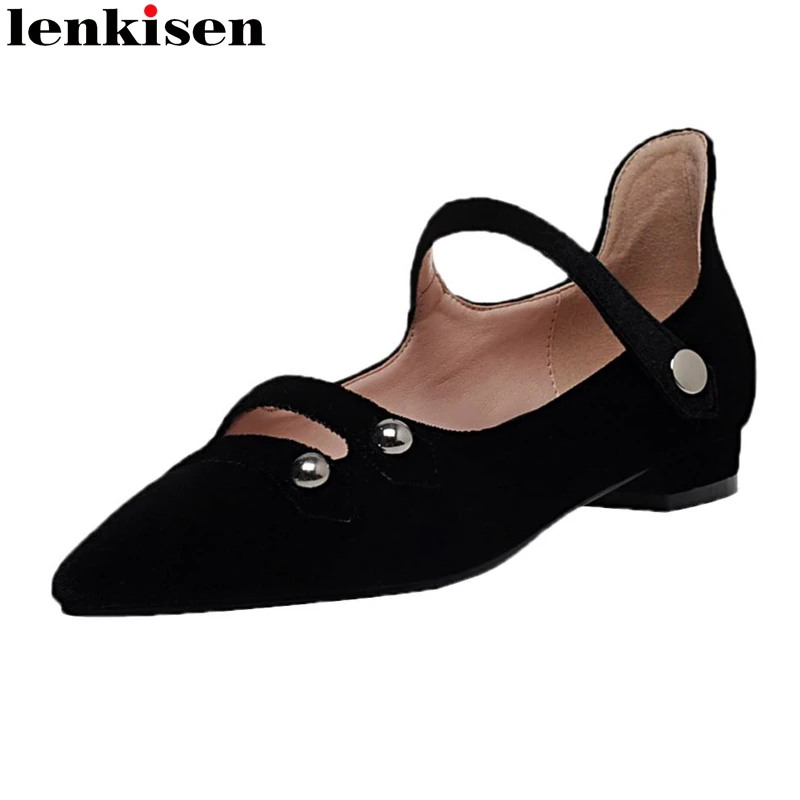 

Lenkisen new metal decorations cozy leisure pointed toe low square heels slip on beauty lady daily wear fashion maiden pumps L16
