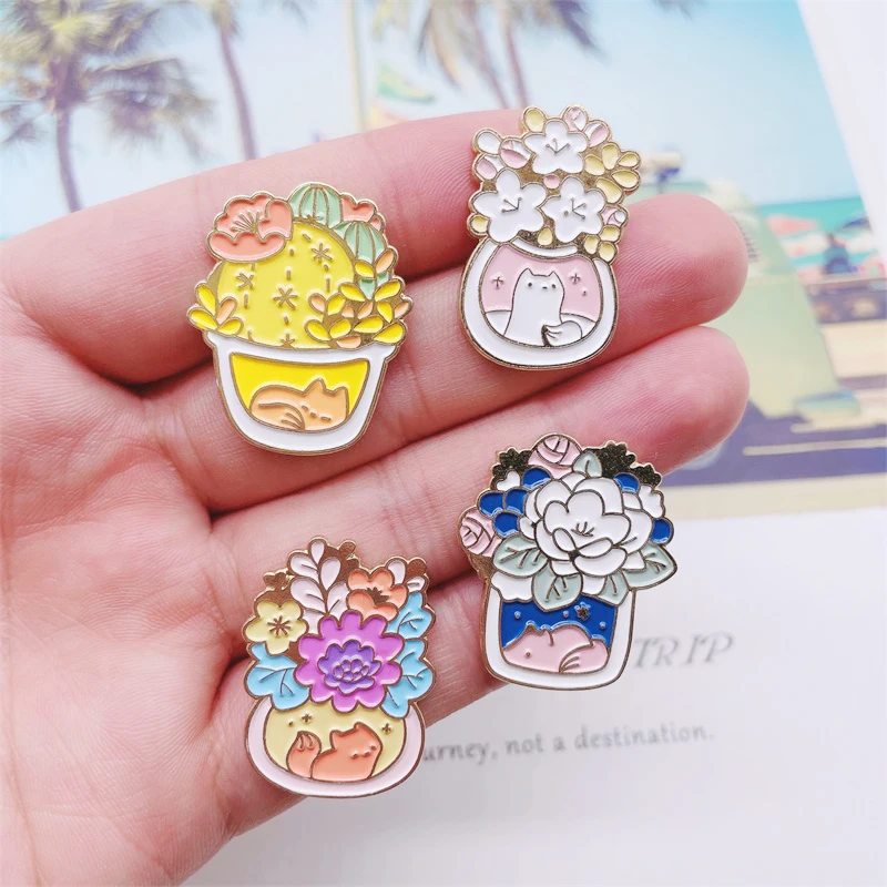 Эмалированные заколки с милыми растениями в горшке и из мультфильма розовые