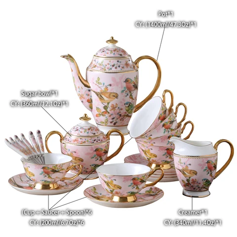 Кофейный сервиз из костяного фарфора с изображением розовой птицы, фарфоровый чайный сервиз, улучшенный керамический горшок, чашка, сахарница, чайник, кувшин для молока, чайный сервиз, набор чайных чашек