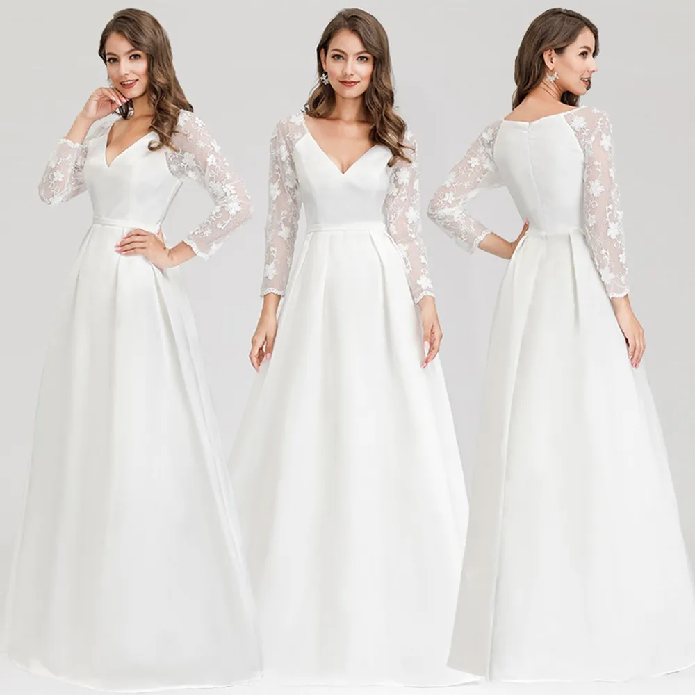 

Ivory Evening Dresses Pretty V-Neck Applique Formal Dresses Women Elegant Party Gowns