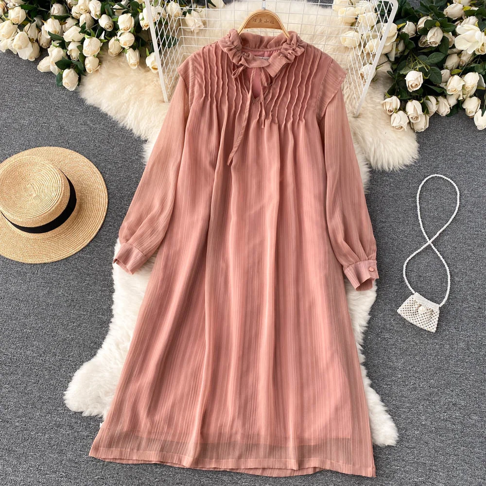 

Casual Women Spring Autumn Long Sleeve Dress 2021 Elegant Lace-up O-neck Pleated Loose Waist A-line Beach Holiday Chiffon Dress