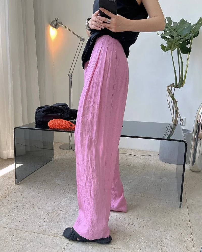 

Loose Thin Cool Pants 2021 Summer New Korean Version of The Lazy Folds Vertical Texture Inclined Placket Casual Wide-leg Pants