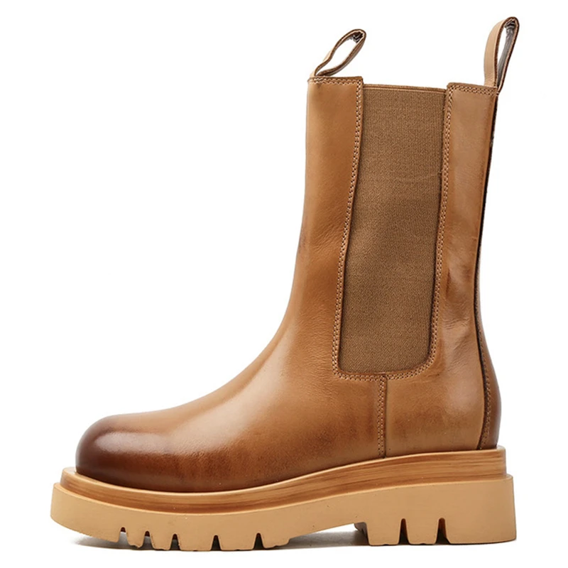 

Slip-on Chelsea Boots Women Genuine Cow Leather Round-Toe Flat Platform Boots Lady Shoes Chelsea Boots Women Luxury Brand Boots