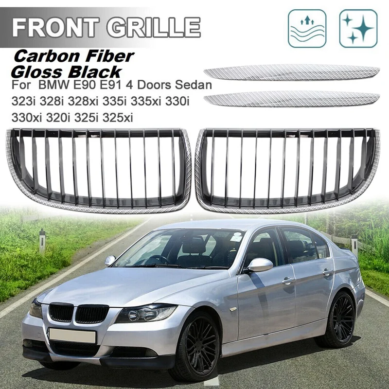 

Carbon Fiber Look Front Bumper Kidney Grill Grille For-BMW 3-Series E90 E91 328I Sedan 2005-2008