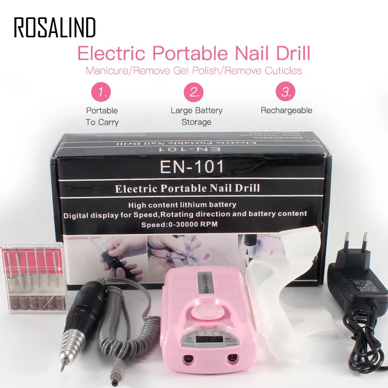 

ROSALIND Electric Portable Nail Drill Charging Machine Manicure Grinding Rechargeable Nail Art Tools Kit 6 bits Drill Nail Drill