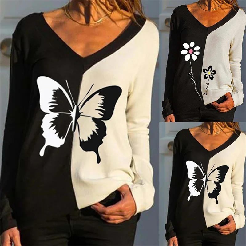 

Women Tshirts Contrast Color Butterfly Print Streetwear T-shirts Ladies Long Sleeve V-neck Harajuku Splicing T Shirts