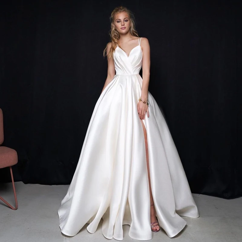 

Pearls Satin Wedding Dresses Spaghetti Straps Criss Cross Cheap Bridal Gowns Split Front Plus Size Formal Marriage Dress