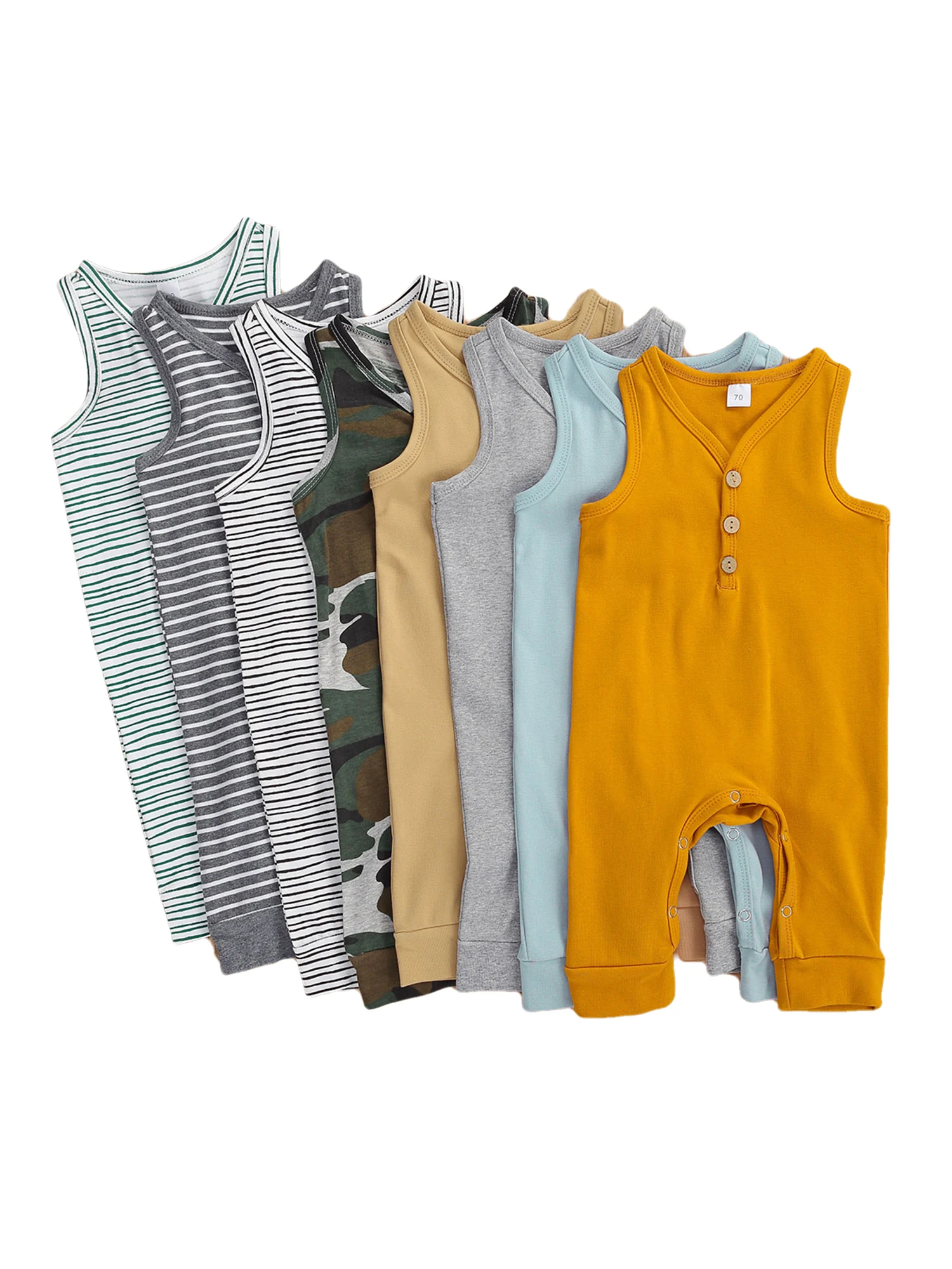 

Newborn Toddler Baby Sleeveless Jumpsuit Solid Color Single breasted Baby Rompers 0-12M
