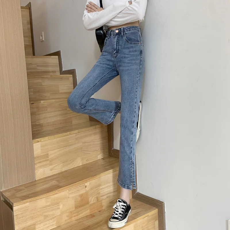 

Микро-тянуть Разделение джинсы для Для женщин 2021 Новый Мода прямо лодыжки-Длина Одежда для девочек с брюками-клеш, небольшой Высокая Талия у...