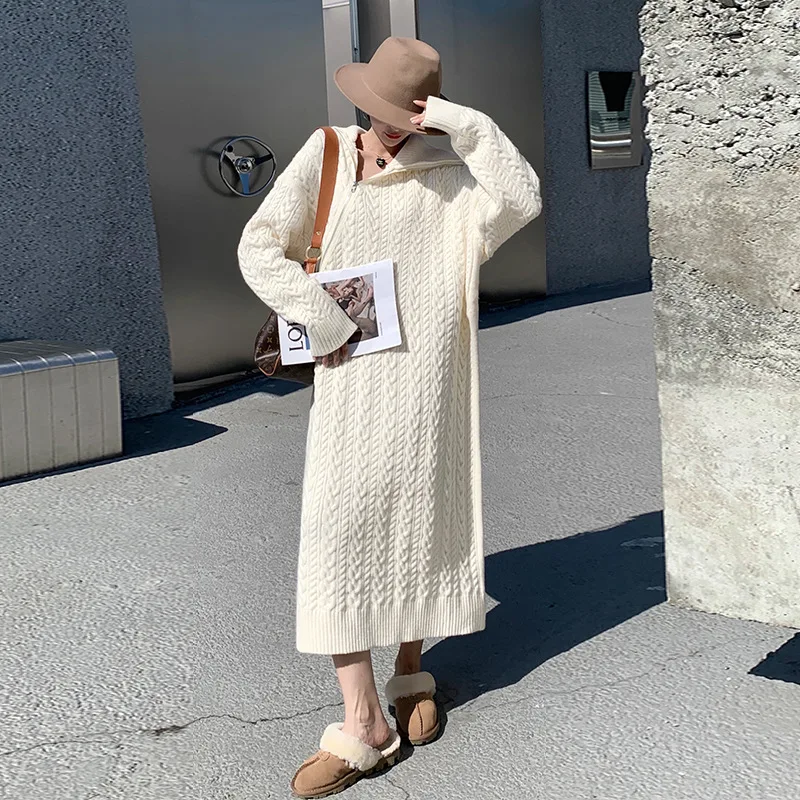 

Long Sweater Dress Winter Women Zipper Turtleneck Solid Color Loose Casual Streetwear Chic Knitted Pullover Dresses Female 6839
