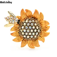 wulibaby rhinestone bee and sunflower brooches for women lady 3 color enamel flower party casual brooch pin gifts