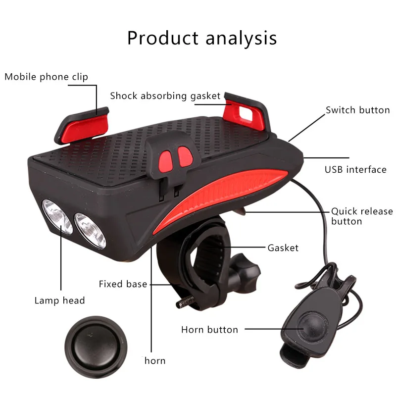 3 In 1 Multi-function Bicycle Light USB Mobile Phone Bracket Holder Bike Horn Waterproof Riding Headlight Outdoor Cycling Stand | Спорт и