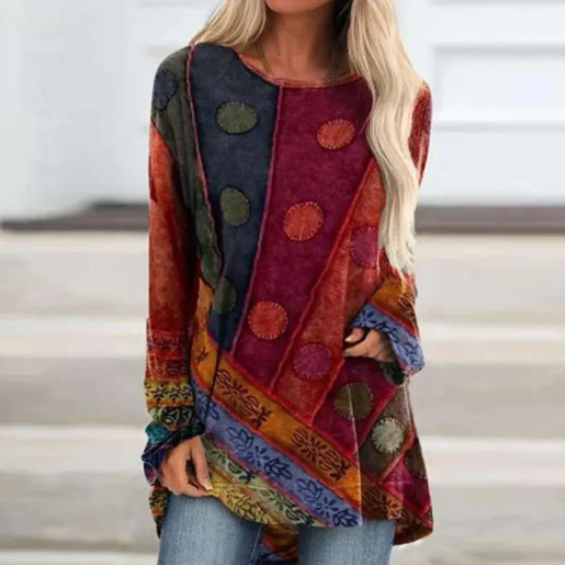 

European American women's 2021 new spring autumn national style printing loose long sleeve plus size fashion T shirt crop top