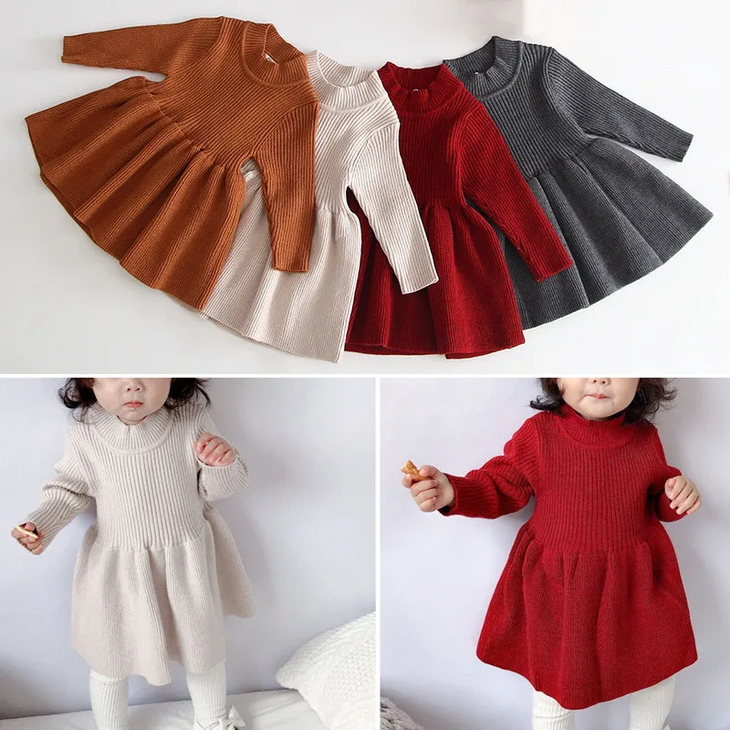 

Осенне-зимние платья для маленьких девочек, вязаное платье принцессы с длинными рукавами, бальное платье с рюшами, платье для кукол, одежда ...