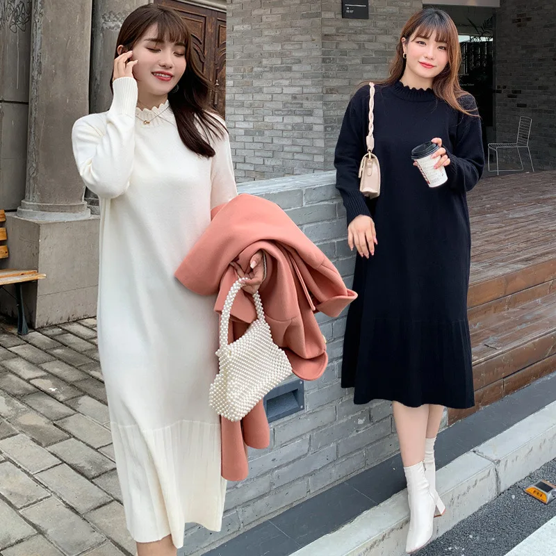 

Women Dress Winter 2020 Knit Sweater Fashion Large size XXL 3XL Solid Color White Leisure Elegant Long Sleeve Base Skirt