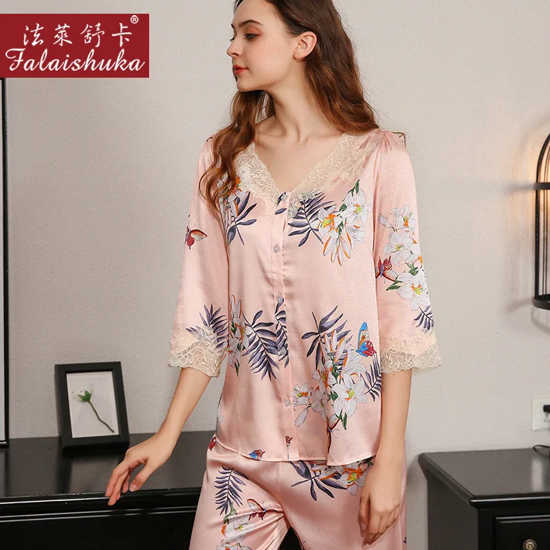 Woman 100% Sexy Silk Pajamas Sets Floral Print Red Pink Sleep Wear 2021 Summer Home Wears Two Piece Pajamas Suit Sleepwear