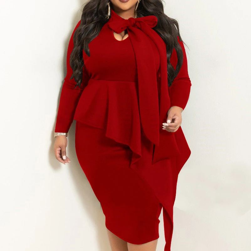 

Women Casual Office Dresses Long Sleeve Slim Fit Package Hip Bodycon Empire Ruffles Bow Tie Plus Size Midi Curve Dress 4XL 5XL