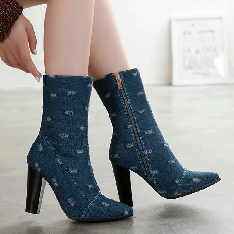 Женские джинсовые Ботильоны на молнии черные или синие ботинки с острым носком