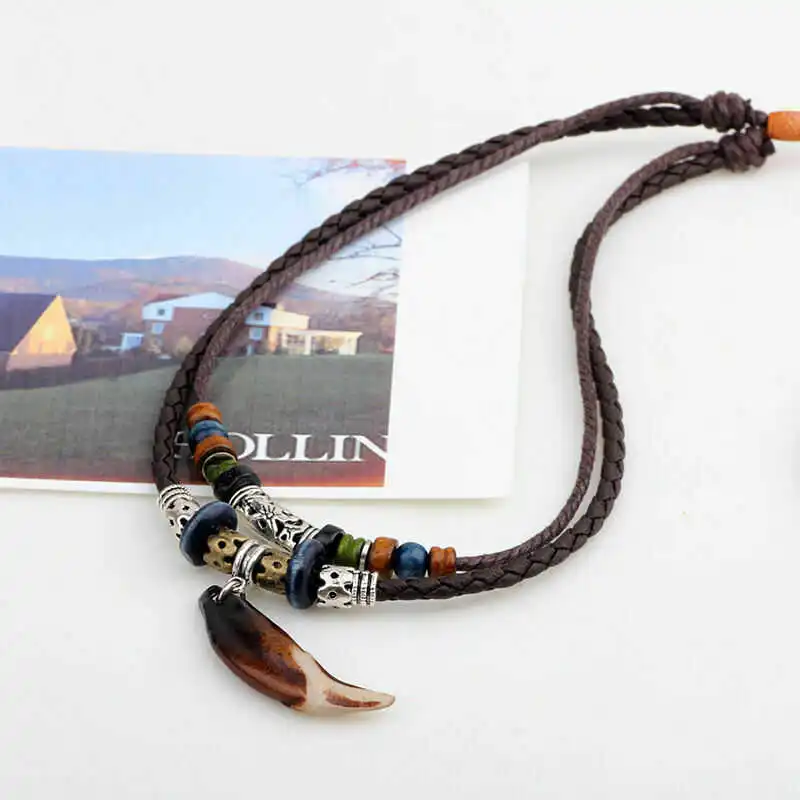 

Men's Vintage Wolf Tooth Pendant Beaded Multilayer Leather Rope Necklace Jewelry