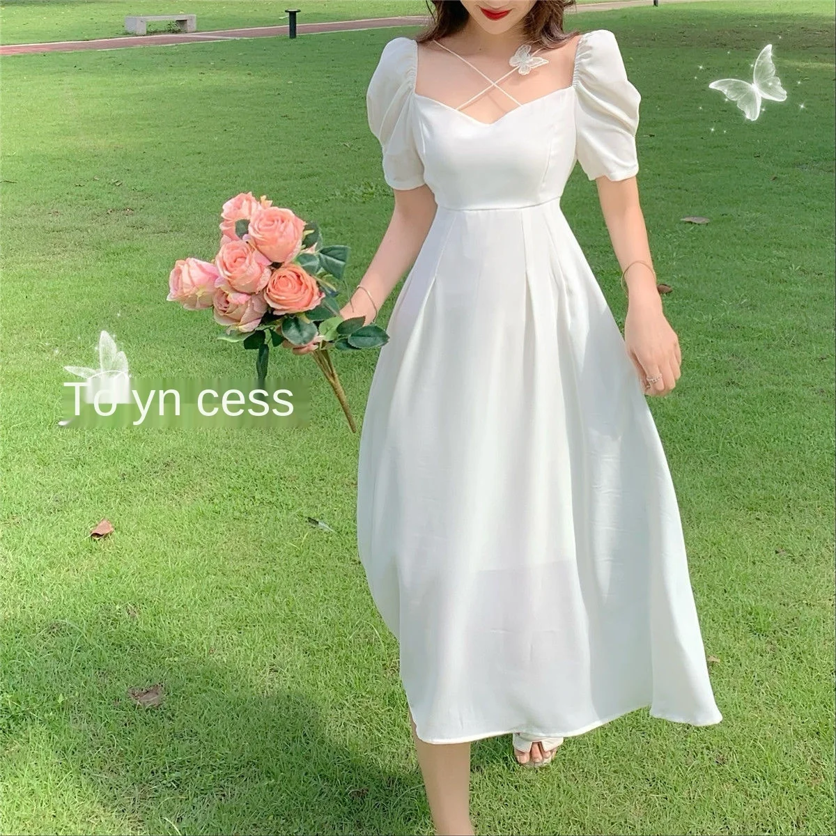 

Dress Women New Standing Butterfly Solid Color Fairy Slim Show Thin Temperament White Bubble Sleeve French Ladies Dress