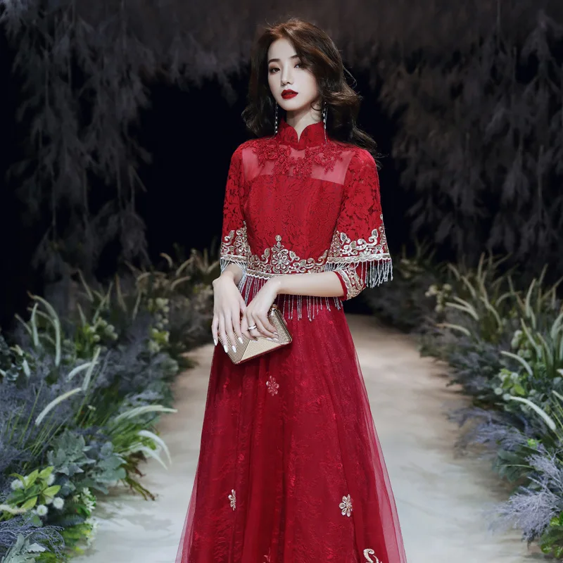 

Noble Lace Bride Wedding Dress Mandarin Collar Chinese Dress With Tassel Temperament Evening Dress Embroidery Prom Dress XS-3XL