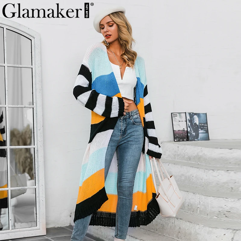 Glamaker вязаный Цветной полосатый длинный кардиган, женская модная уличная одежда, осенняя верхняя одежда, свитер, Женский Повседневный Кардиган-пальто