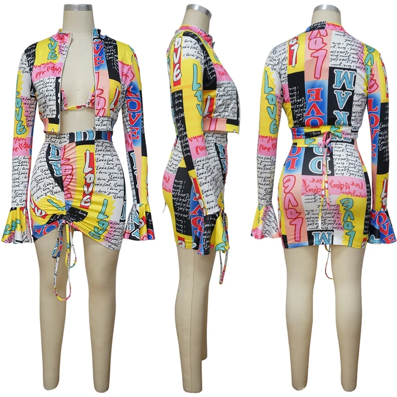 

Summer Sexy Two Piece Skirt Set Women Loungewear Vacation Long Sleeve Crop Top and Skirt Set Bandage Bodycon 2 Piece Dress Set