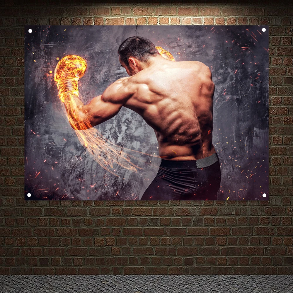 

Workout Banner Flag Wall Hanging, Shirtless Aggressive Fighter With Burning Boxer Gloves Exercise Poster Tapestry Gym Decoration