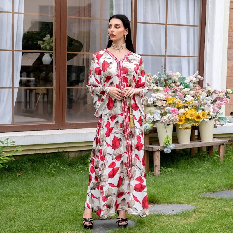 Autumn Muslim Women Long Sleeve V-neck Printing Polyester Long Dress Muslim Dress Maxi Dresses for Women