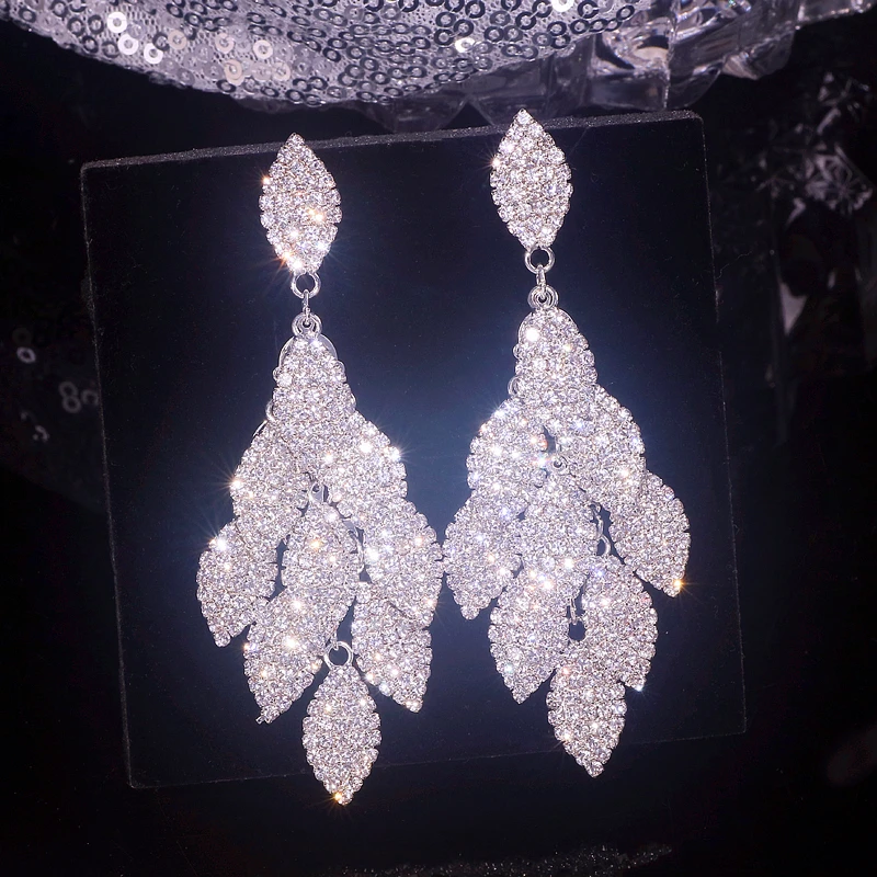 Новый Модный Элегантный Стразы лист большие длинные свисающие серьги для женщин