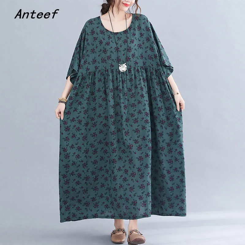 

Женское хлопковое винтажное платье, с коротким рукавом, с цветочным рисунком, повседневное, свободное, длинное, летний сарафан, 2021