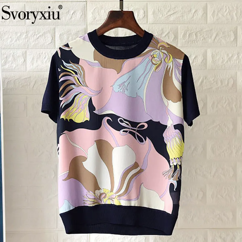 Женская футболка с цветочным принтом Svoryxiu разноцветная трикотажная составного