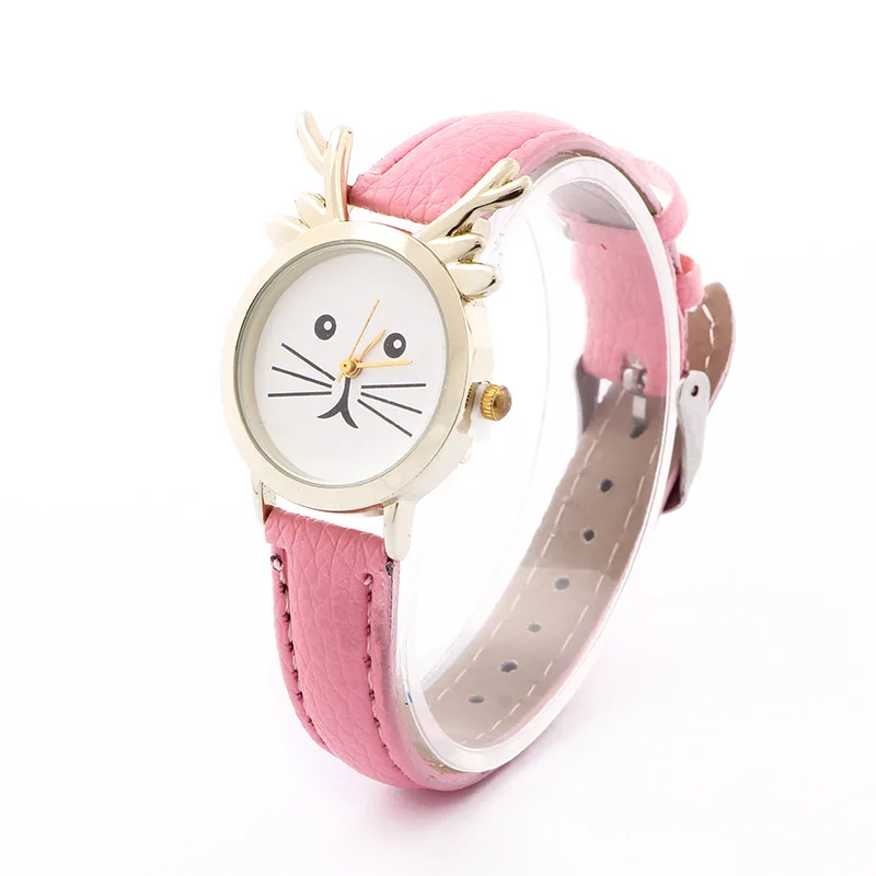 

High Quality Leather Strap Women Watches Girl's Student Bunny Shaped Case Cute Wristwatches Children Fashion Casual Quartz Watch