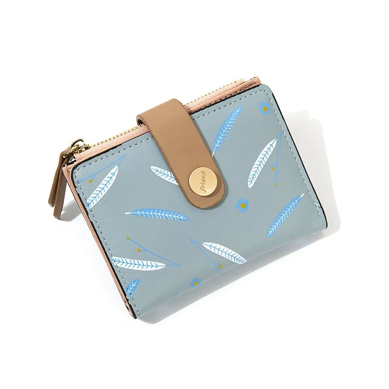 

New Women's wallets made of leather Cute feather print Women purses Short Small Female wallet Mini Zipper portafoglio donna