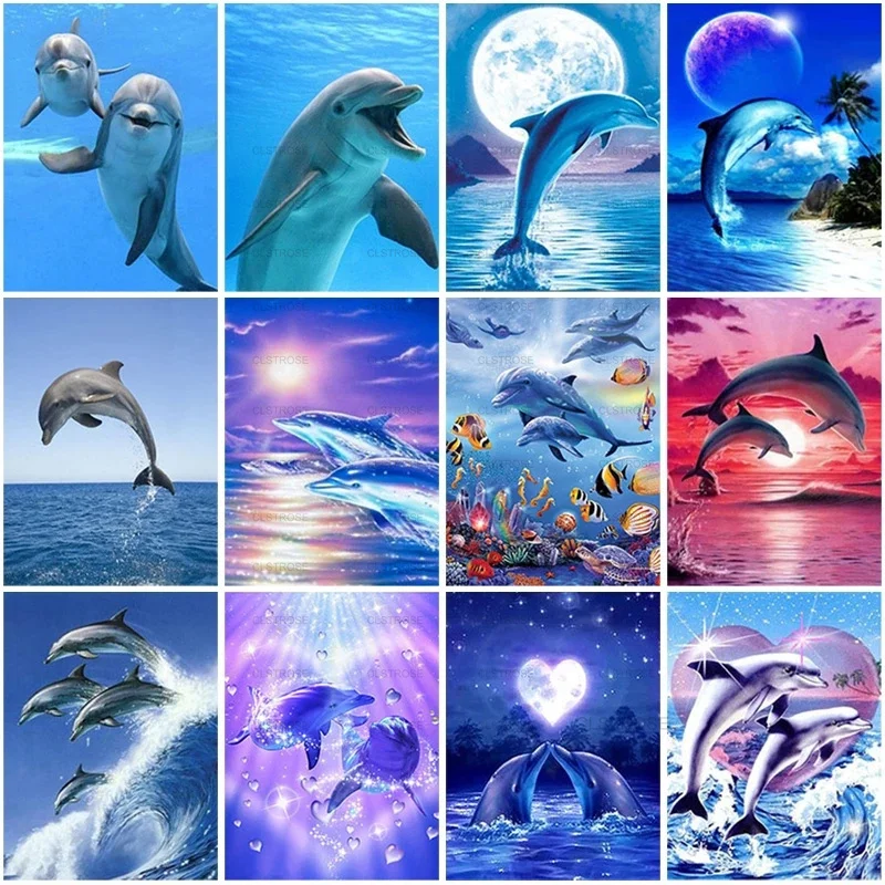

Diy 5D Modern Acrylic Diamond Painting Cute Dolphin Swim Out of The Water Pattern Rectangular Pattern Home Living Room Sofa Deco