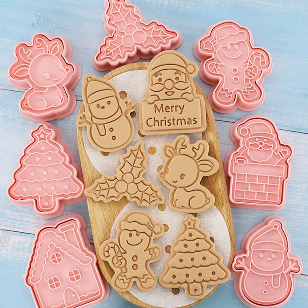 

8Pcs/Set Christmas Biscuit Mold Santa Snowman Tree Elk Cute Pattern Cookie Stamp Pressure Fondant Sugarcraft Baking Tools