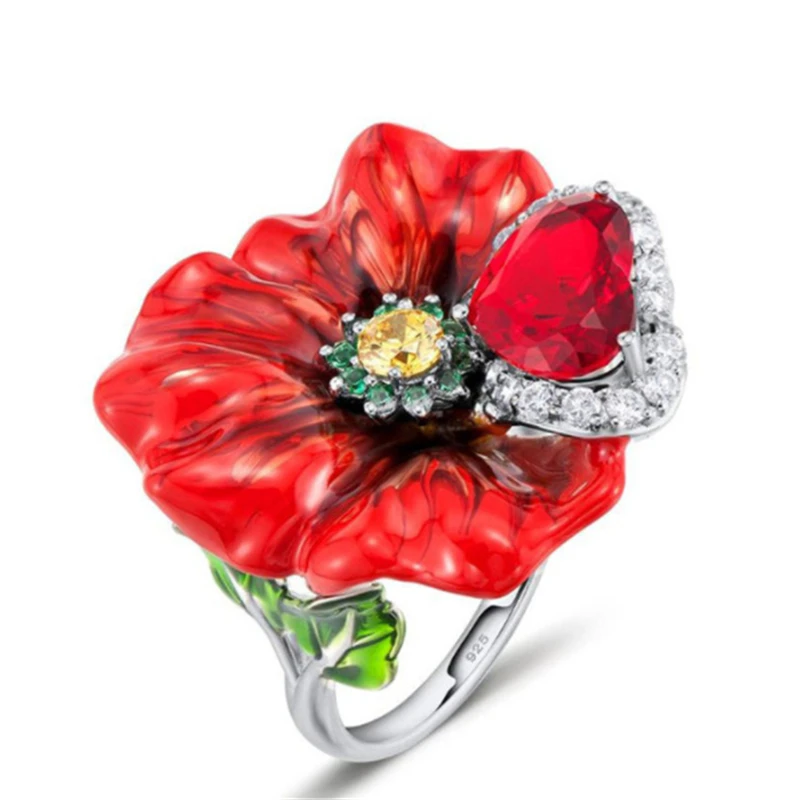 Женское кольцо с эмалью и цветами креативное большой красной розой подарочное