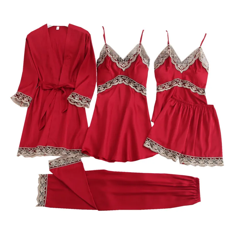 

5PC Satin Lace Pajamas Set Silky Sexy Womens Sleepwear Sleep Suit Spring With Chest Pads Pijamas Home Wear Intimate Lingerie