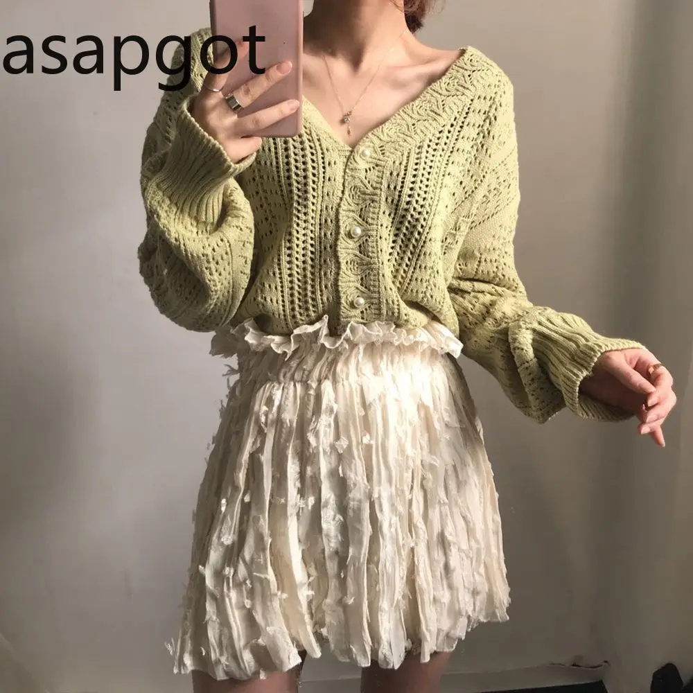 Korean Chic Vintage Hook Flower Lace Hollow Out Sweet Wild V Neck Full Puff Sleeve Cardigan Sweater Knitted Solid Loose Casual |