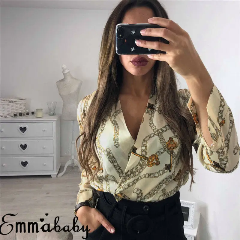 Vintage Silk Rompers Womens Jumpsuit Long Sleeve Chain Print Top Shirt Ladies Deep V Neck Key Printed Sexy Satin Bodysuits | Женская