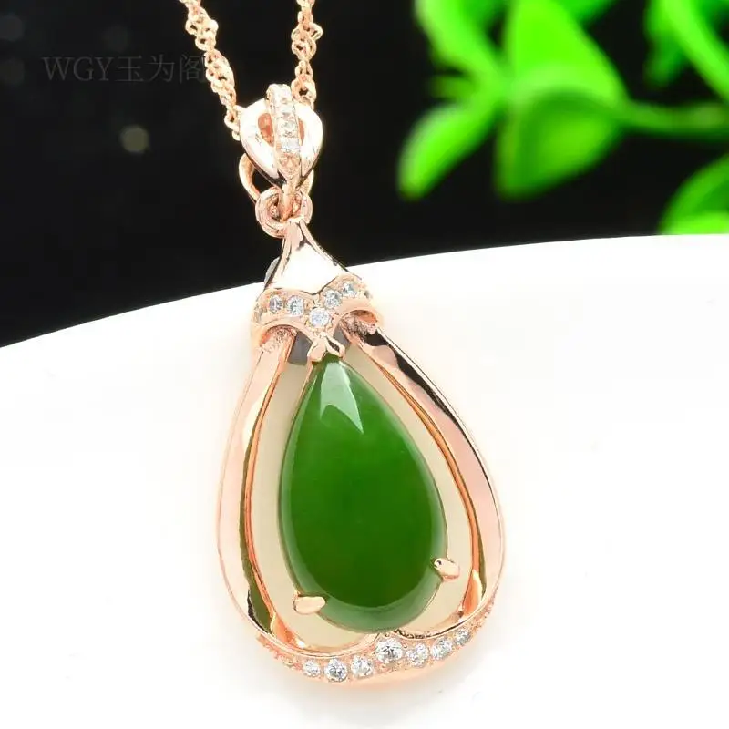 

925 Silver Inlaid Zircon Inlaid Hetian Jade Water Drop Pendant Natural Jade for Women Necklace Jade Pendant