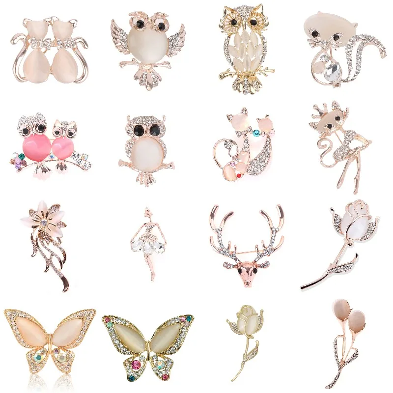 

31 Styles Crystal Rhinestone Butterfly Rose Cat Owl Opal Stone Animal Brooches Pin For Women Suit Brooch Clothing Buckle