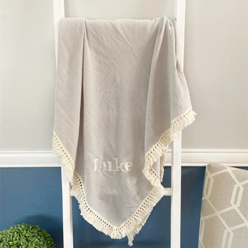 Tassel Baby Receiving Blanket Muslin Blanket Personalized Name Throw Blanket, Stroller Cover, Swaddling Blanket Burb Cloth