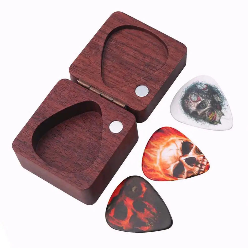 

1 Set Solid Wood + Celluloid Guitar Picks Wooden Box With Skull Pattern Guitar Picks Guitar accessories