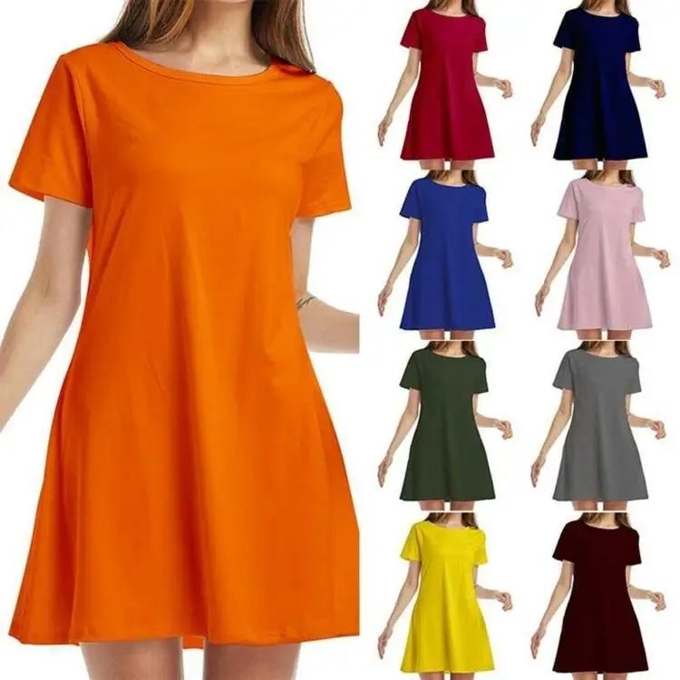 

Women's Dress Summer Short Sleeve Shirt Dress Ladies Solid Color Casual A-Line Party Dress Women Clothing Vestido Feminino