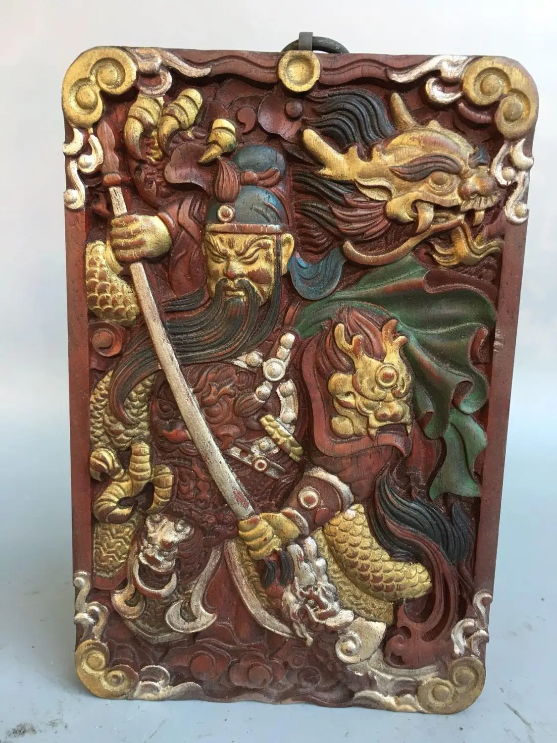 

wedding decoration China wealth auspicious Mahogany Thangka Buddha Plate Hand Carved Guan Gongguan Yu Statue Tag