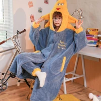 woman sleepwear new cartoon winter pajama velvet coral home suit length to keep warm flannel extended hooded thickened long